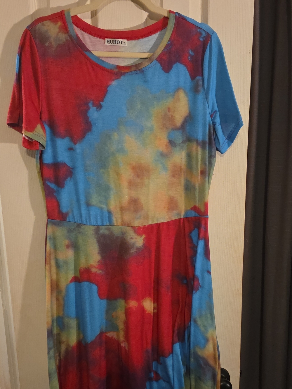 HUHOT Multicolor Tie-Dye Short Sleeve Dress — Red & Blue